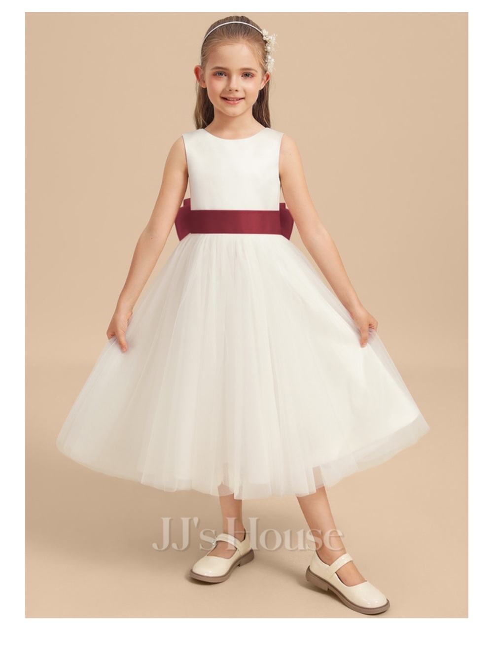 JJ’s House Talana - White Tulle Flower Girl Dress with Burgundy Sash